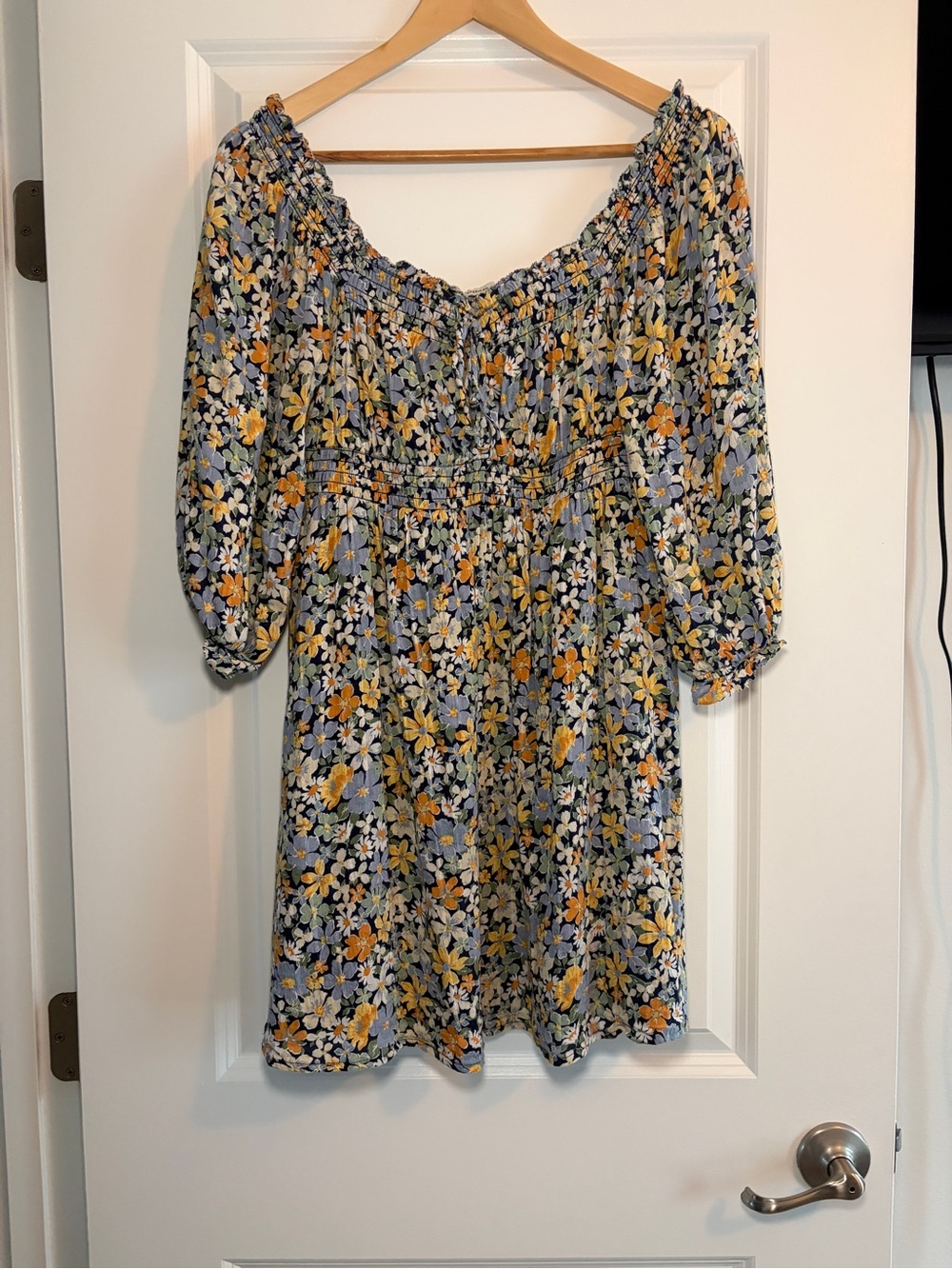 American Eagle Outfitters | Blue and Orange Floral Smocked Fall Mini Dress - Picture 2 of 9